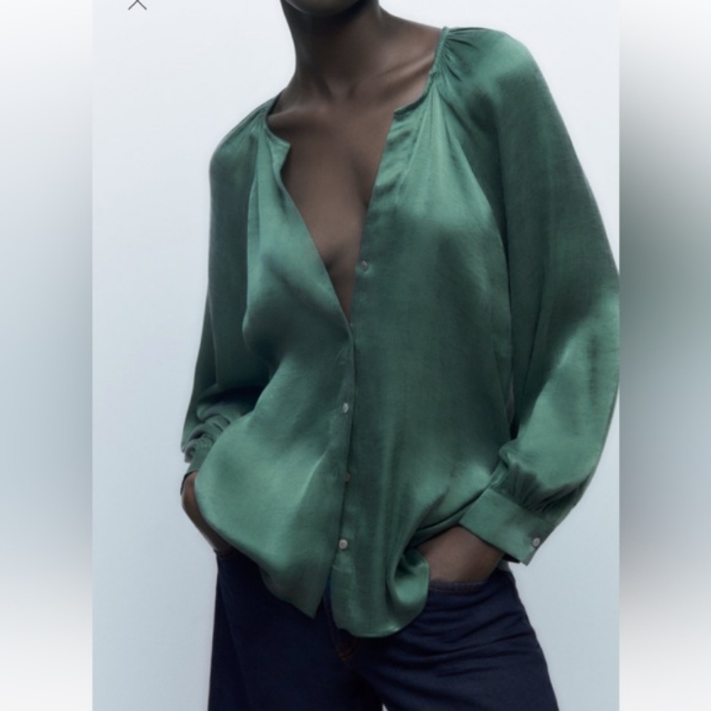 ZARA NWOT Silky Drape Eucalyptus Shade Puff Sleeve Blouse V-Neck Tunic XL